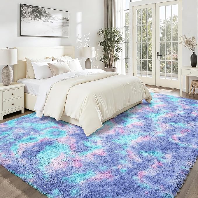 Rainbow Fluffy Rugs for Girls Bedroom: 9x12 Large Shag High Pile Area Rug Upgrade Non-Slip Plush Fuzzy Living Room Rug Shaggy Soft Indoor Floor Carpet Nursery Rugs for Kids Baby Toddler Home Decor