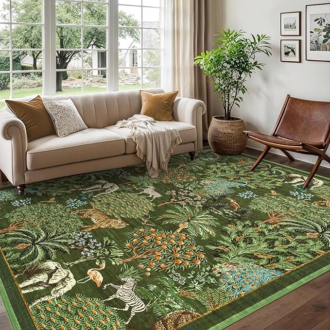 GarveeHome Jungle Animal Print Rug 6x9 Washable Area Rugs for Living Room, Forest Rug Non Slip Low Pile Stain Resistance Large Throw Carpet for Bedroom Dining Room Kids Playroom Nursery, Dark Green