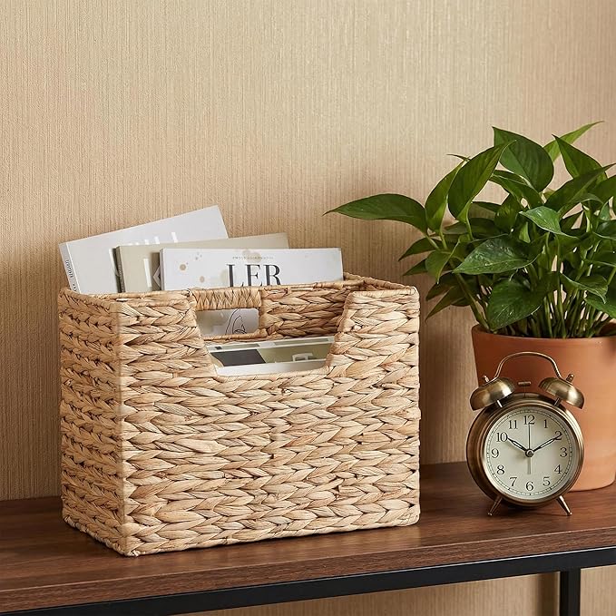 Water Hyacinth Magazine Basket, Dual Compartment Storage Basket with Handle, Natural Fiber Wicker Storage Baskets for Shelves Home Organization & Office Organizer