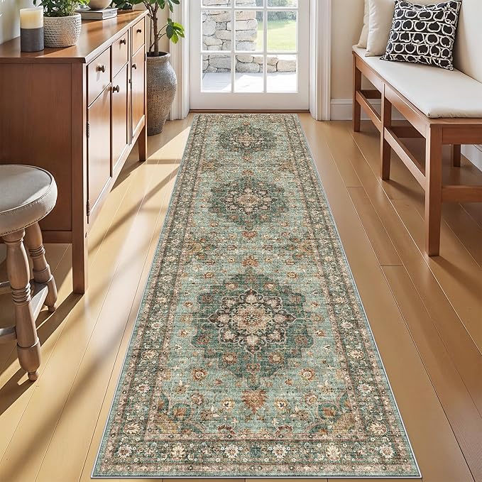 TOPRUUG Green Entryway 2x8 Rug - Washable Area Rugs for Hallway Kitchen Bathroom Non-Slip Ultra-Thin Indoor Door Mat - Stain Resistant Small Throw Carpet (Green, 2X8)