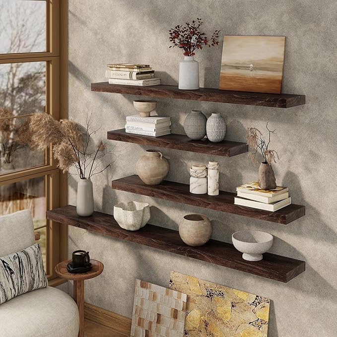 Marsmiles 48 inch Floating Shelves for Wall Solid Elm Wood Wall Mounted Shelves|Rustic Long Floating Shelves with Invisible Bracket for Bathroom Living Room Kitchen|Walnut, 1 Pack