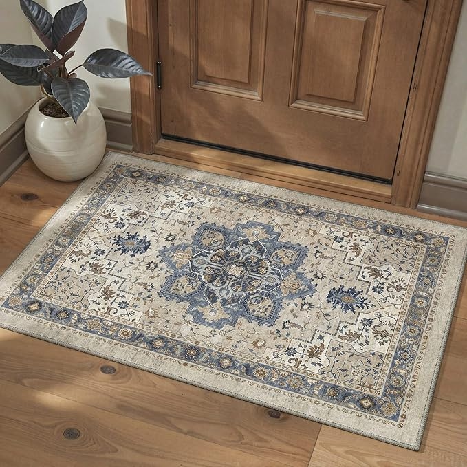 GENIMO 2'6"x6 Runner Rugs for Hallway, Machine Washable Non Slip Vintage Rugs, Low Pile Lightweight Soft Print Carpet for enrtyway, Corridor, Home Office, Kitchen, Blue Cream