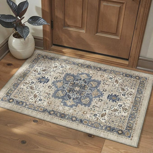 GENIMO Area Rug 2x3 Doormat, Machine Washable Low Pile Rugs, Small Retro Chenille Entryway Mat for Entrance, Hallway, Kitchen and Corridor, Blue Cream