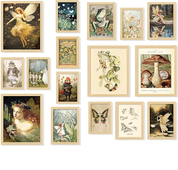 97 Decor FRAMED 16PCS Vintage Fairycore Decor - Fairy Wall Decoration Aesthetic, Cottage Wall Art Fairy Core Posters, Fairy Art Prints Cottagecore Mushroom Pictures, Earthy Fairy Decoration for Bedroom Home (BEIGE FRAME)