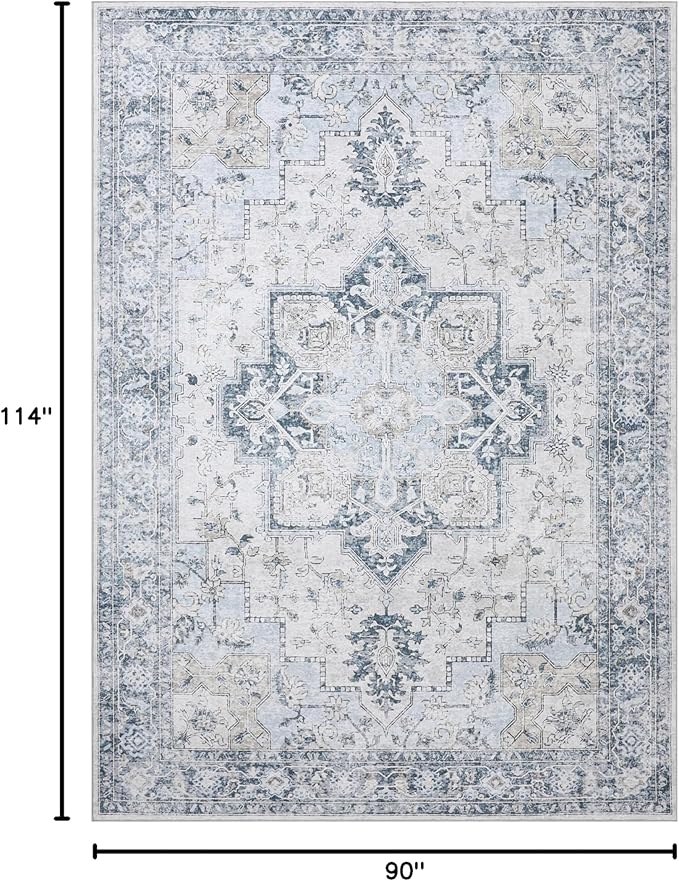 GENIMO 7'6''x9'6'' Area Rugs for Living Room, Machine Washable Non Slip Vintage Rugs, Low Pile Lightweight Chenille Print Rug for Bedroom, Dining Room, Home Office, Blue