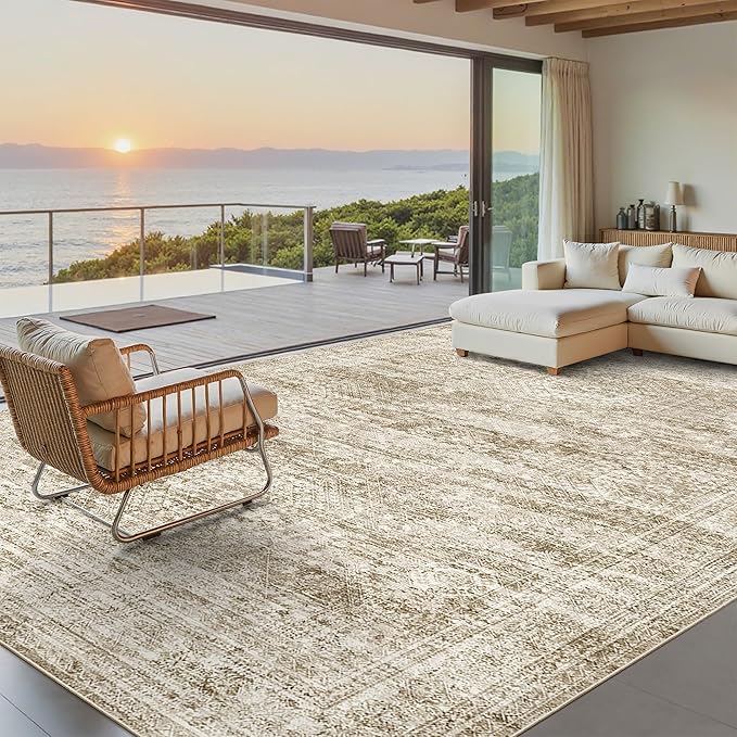 Soalmost Washable Area Rug 8x10, Large Soft Rugs for Living Room Vintage Area Rugs for Bedroom Dining Room Non-Slip Stain Resistant Brown Under Table Rug