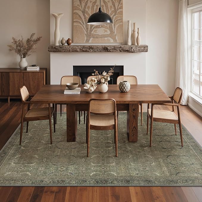 GENIMO 8x10 Area Rugs for Living Room, Machine Washable Non Slip Vintage Rugs, Low Pile Lightweight Chenille Print Rug for Bedroom, Dining Room, Home Office, Muted Green