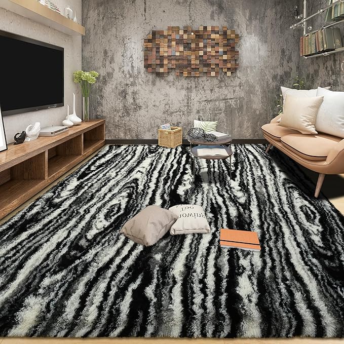 Tepook Fluffy Large Rugs for Living Room, 8x10 Area Rugs for Bedroom, Modern Shag Fuzzy Carpets for Kids Boys Girls, Plush Indoor Nursery Home Decor Rug with Non-Slip Bottom, Black White