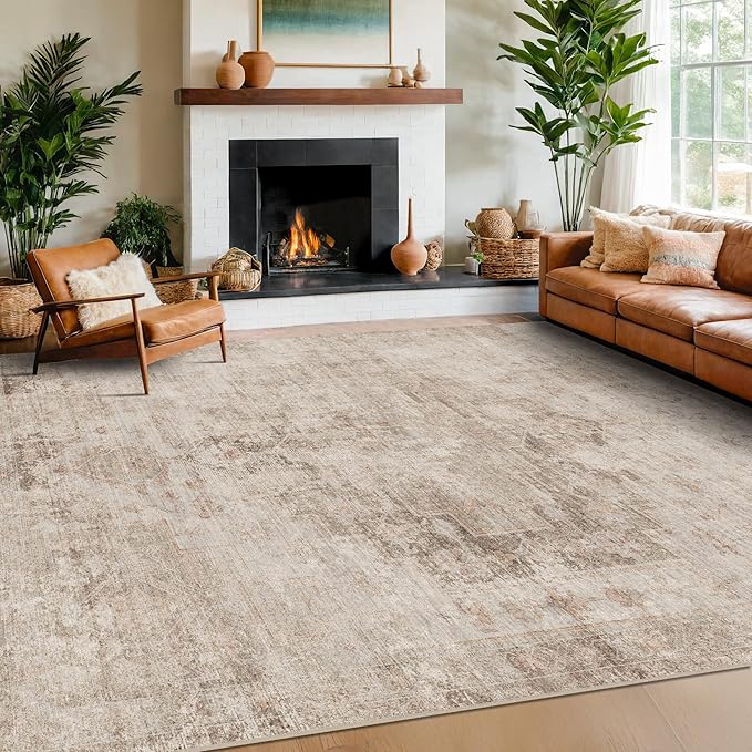 Hazo Haus Neutral Farmhouse Area Rug for Bedroom - 7x9 Washable Rug for Dining Room Table, Ultra-Thin Soft Textured Boho Abstract Indoor Decor, Fade & Stain Resistant