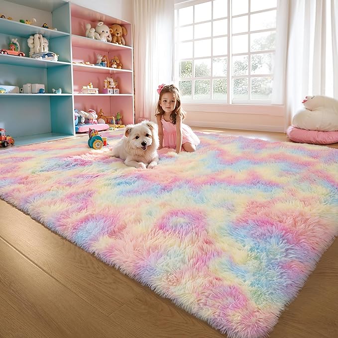Washable 4x6 Rainbow Fluffy Shaggy Area Rugs, Kawaii Princess Soft Plush Carpet for Girls Bedroom Kids Playroom, Cute Colorful Fuzzy Rug for Nursery Dorm Baby Toddler Teenage