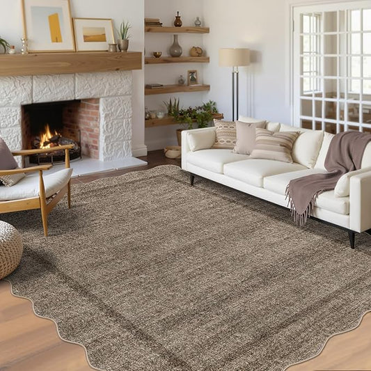 GarveeHome Scalloped Washable Rug 6x9 Area Rugs for Living Room Modern Taupe Nursery Rug Large Area Rug for Bedroom Non Slip Throw Rugs Soft Low Pile Stain Resistant Carpet for Classroom 6'x9' Taupe