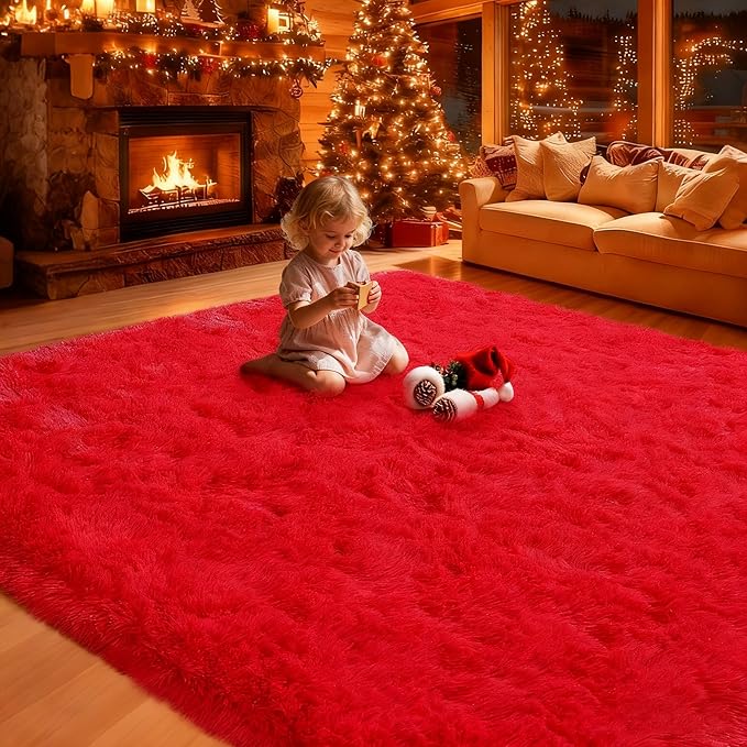 8x10 Area Rugs Living Room, Large Plush Fluffy Bedroom Carpet, Non-Slip Upgraded Indoor Thick Soft Rug, Modern Plush Carpet Suitable for Kids Home Decor Aesthetics Dorm, Red.