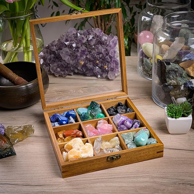 Curawood Rock Display Case - 8" x 8" Rock Collection Box for Kids & Adults - Crystal Holder for Stones Display Shelf with 9 Compartments & Acrylic Lid - Gemstone & Crystal Storage Box Organizer