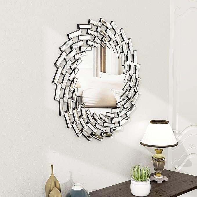 SHYFOY Round Mirror for Wall Decor, 24in Decorative Wall Mirror for Living Room, Modern Large Mirrors, Beveled Edge Frameless Accent Mirror