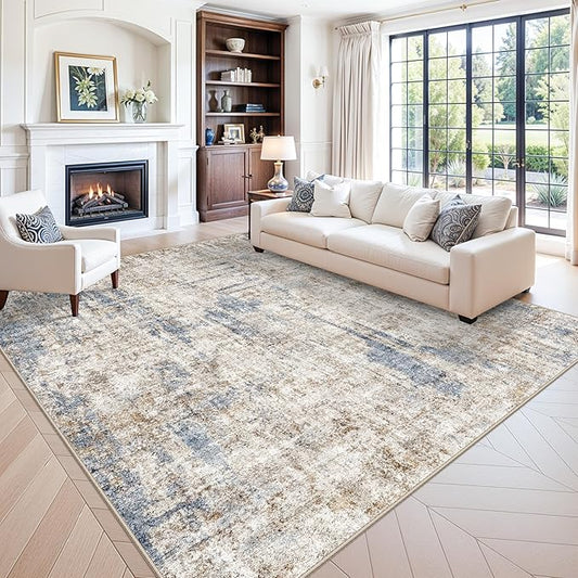 10x10 ft Square Living Room Rug – Washable Modern Abstract Area Rug for Bedroom, Dining Room, Playroom – Neutral Non-Slip Low-Pile Thin Indoor Carpet（Blue Brown）