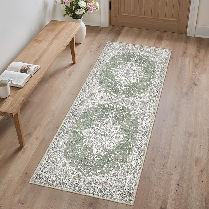 GENIMO 2X5 Washable Vintage Runner Rug for Hallway, Non-Slip Low Pile Chenille Print Rug, Soft Rugs for Indoor Entryway Kitchen Corridor, Sage & Linen