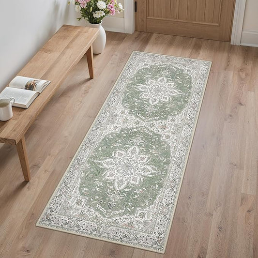 GENIMO 2X5 Washable Vintage Runner Rug for Hallway, Non-Slip Low Pile Chenille Print Rug, Soft Rugs for Indoor Entryway Kitchen Corridor, Sage & Linen