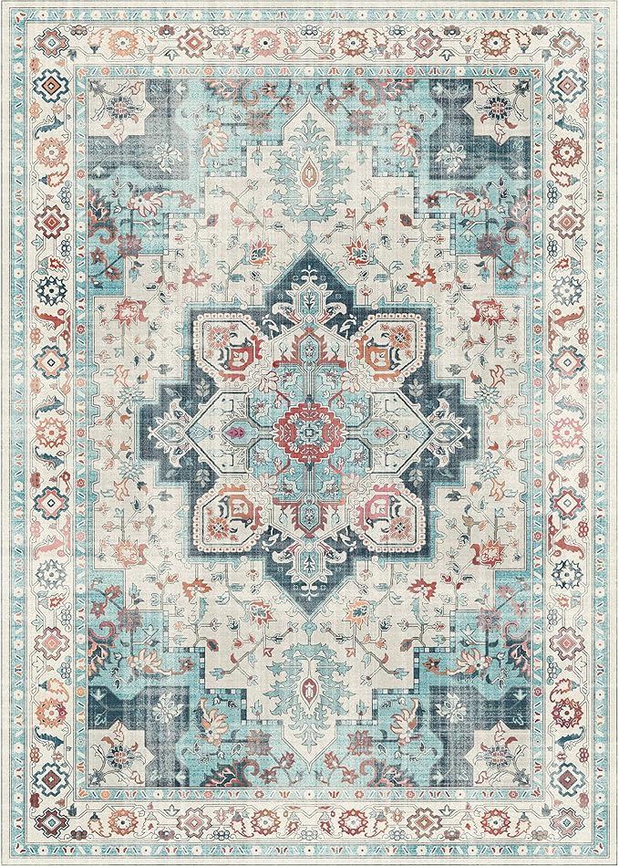 GENIMO 8x10 Area Rugs for Living Room, Machine Washable Non Slip Rugs, Low Pile Lightweight Vintage Print Rug for Bedroom, Dining Room, Home Office, Turquoise & White