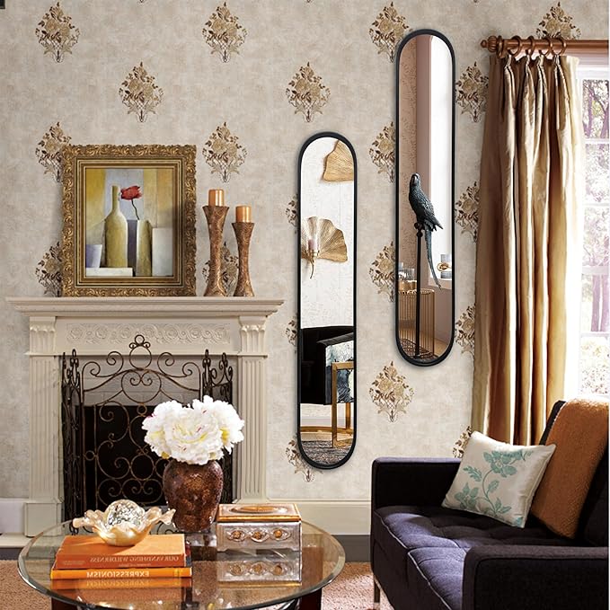 OUSHUAI Black Full Length Oval Mirror, 2-Pack Narrow Capsule Long Mirrors with Metal Frame for Dressing, Hallway, Living Room, Entryway Wall Decor