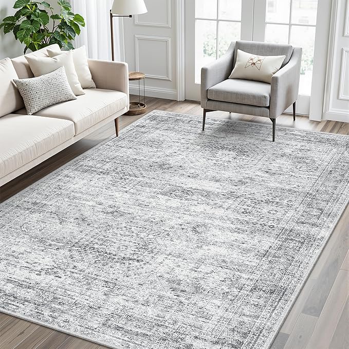 Soalmost 7x9 Area Rug for Living Room Washable Abstract Vintage Soft Thin Indoor Floor Non-Slip Carpet for Bedroom Dining Room Grey