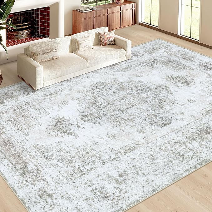 XLUEZ Area Rug 9x12 Living Room Rug, Machine Washable Vintage Distressed Medallion Rug Non-Slip Soft Low Pile Large Indoor Rugs for Bedroom Kitchen Dining Room Office(Taupe,9'x12')