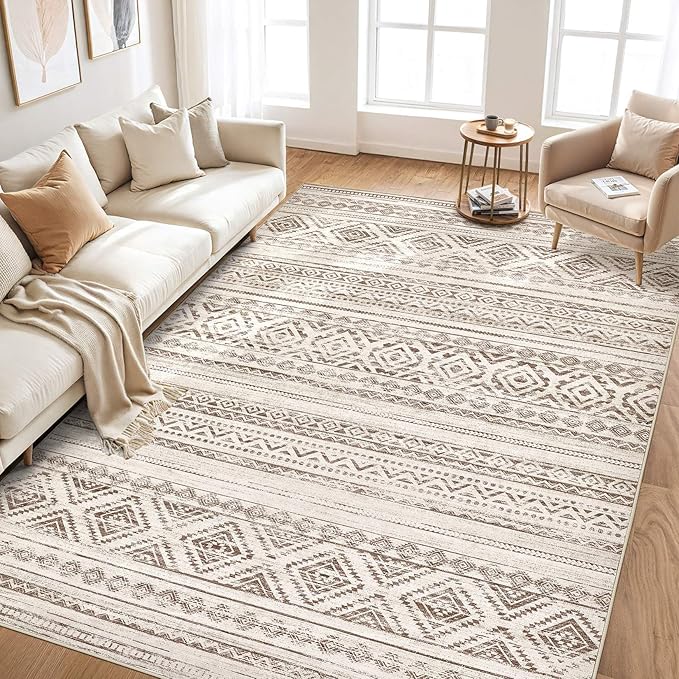 cotiled 7x9 Area Rug Living Room: Washable Boho Rugs with Non Slip Backing Large Soft Indoor Stain Resistant Carpet for Bedroom Farmhouse Dining Room Lightweight Home Decor Dark Brown