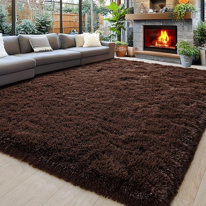 Area Rugs 9x12 for Living Room, Ultra Soft Fluffy Rugs for Bedroom, Non-Slip Furry Large Rug for Teen Girls and Boys,Nursery Kids Room Dorm Home Decor, High Pile Plush Floor Carpet, Brown