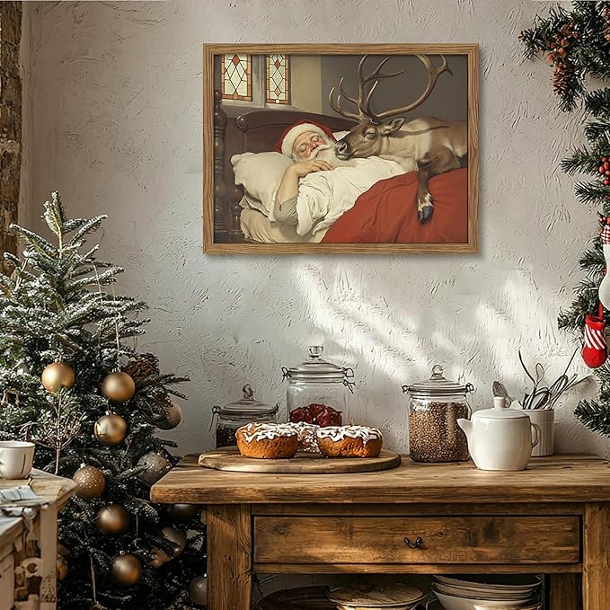Framed Santa Christmas Wall Decor, Vintage Santa Reindeer Wall Art, Rustic Christmas Pictures Decor, Winter Holiday Paintings Artwork, Christmas Canvas Print for Home Decorations – 12x16in