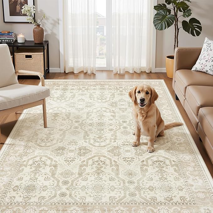 Soalmost 3x5 Rug, Small Area Rug for Kitchen, Entryway, Machine Washable Non-Slip Throw Rug, Vintage Carpet for Nursery Coffee Table Beige/Brown