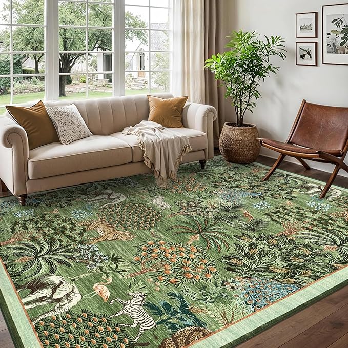 GarveeHome Jungle Animal Print Rug 6x9 Washable Area Rugs for Living Room, Forest Rug Non Slip Low Pile Stain Resistance Large Throw Carpet for Bedroom Dining Room Kids Playroom Nursery, Forest Green