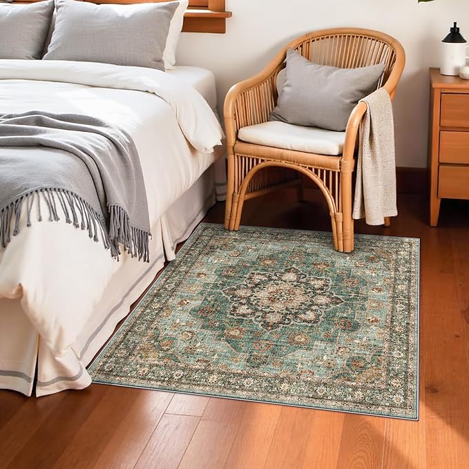TOPRUUG Green Washable Entry Rug - 3x3 Area Rugs for Kitchen Bedroom Bedside Bathroom Entryway Non Slip with Rubber Backing Low Pile Ultra Soft Stain Resistant Small Carpet (Green, 3x3)