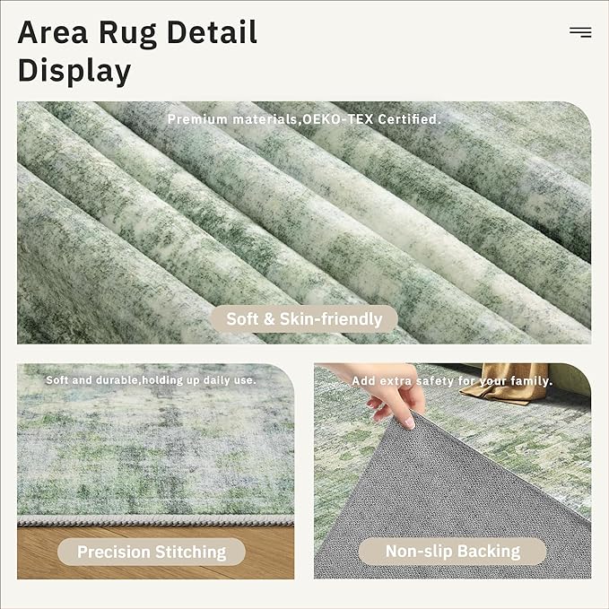 Soalmost 5x8 Area Rugs Green/Ivory Low Pile Indoor Washable Trendy Faded Style Rugs for Bedroom Living Room Dining Room Foldable Non-Slip Thin Print Home Office Mat