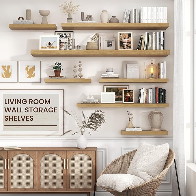 Venusmiles Floating Shelf for Wall 71 inch Long, Engineered Wood Large Wall Shelves with Invisible Brackets for Living Room Bedroom Bathroom Office Kitchen Decor and Storage, Oak Finish, Set of 1