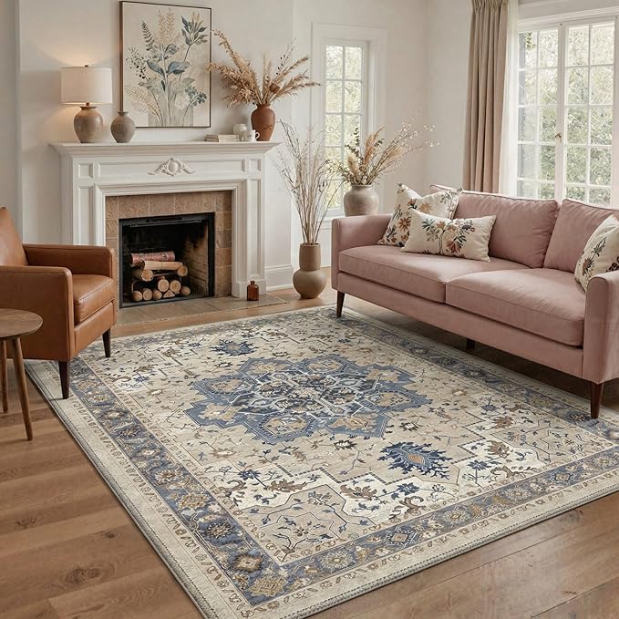 GENIMO 5x7 Area Rugs for Living Room, Machine Washable Rug, Non Slip Indoor Vintage Carpet, Low Pile Lightweight Chenille Print Carpet for Bedroom Dining Room Home Office, Blue Cream