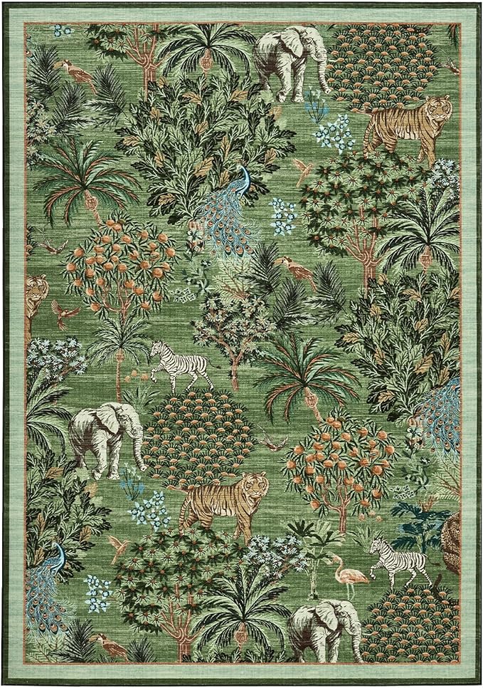 GarveeHome Jungle Washable Rug 9x12 Area Rugs for Living Room Bedroom, Animal Print Rug Non Slip Low Pile Forest Stain Resistance Large Throw Carpet for Dining Room Kids Playroom Nursery, Forest Green