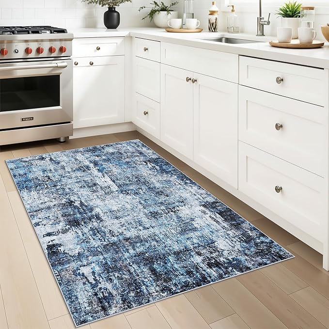 3x4 Washable Entryway Area Rug - Non-Slip Modern Small Indoor Mat for Bathroom,Living Room,Bedroom - Abstract Neutral Soft Low-Pile Throw Carpet with Rubber Backing（Blue）