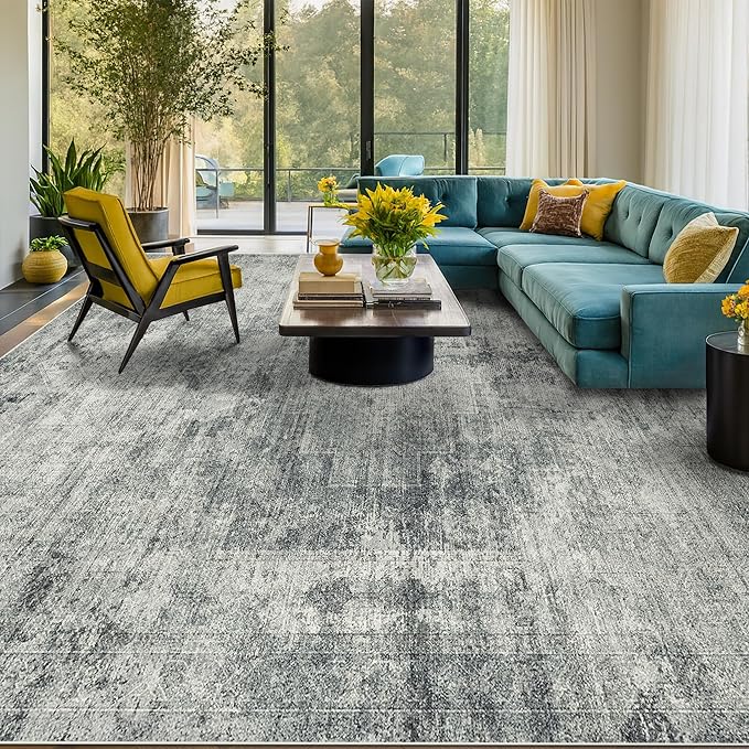Hazo Haus Farmhouse Gray and Blue Rugs for Living Room 8x10 - Modern Cool Unique Area Rug for Dining Room, Large Bedroom, Washable Foldable Dark Academy Décor