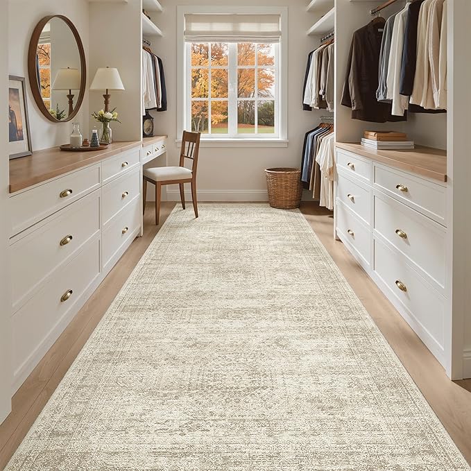 Soalmost 4x10 Wide Hallway Runner Rug: Washable Soft Rug Runners for Living Room Bedroom Ktichen, Stain Resistant Low Pile Area Rugs Non Slip Floor Carpet (Beige, 4x10)