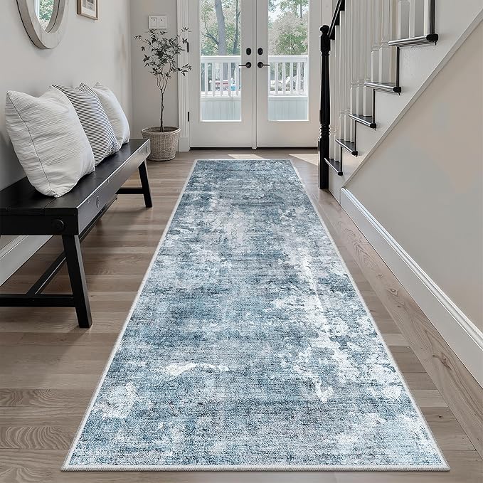 Soalmost Washable Runner Rug, 2'6" x 8' Non-Slip Kitchen Vintage Foldable Hallway Runners for Entryway, Laundry, Bedroom, Blue