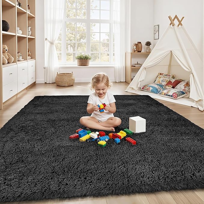 Area Rug for Living Room Bedroom: 5x7 Black Soft Fluffy Shag Upgrade Non-Slip High Pile Carpet Large Fuzzy Plush Indoor Floor Decor Shaggy Rug for Kid Boys Girls Dorms Playroom Nursery Modern Home