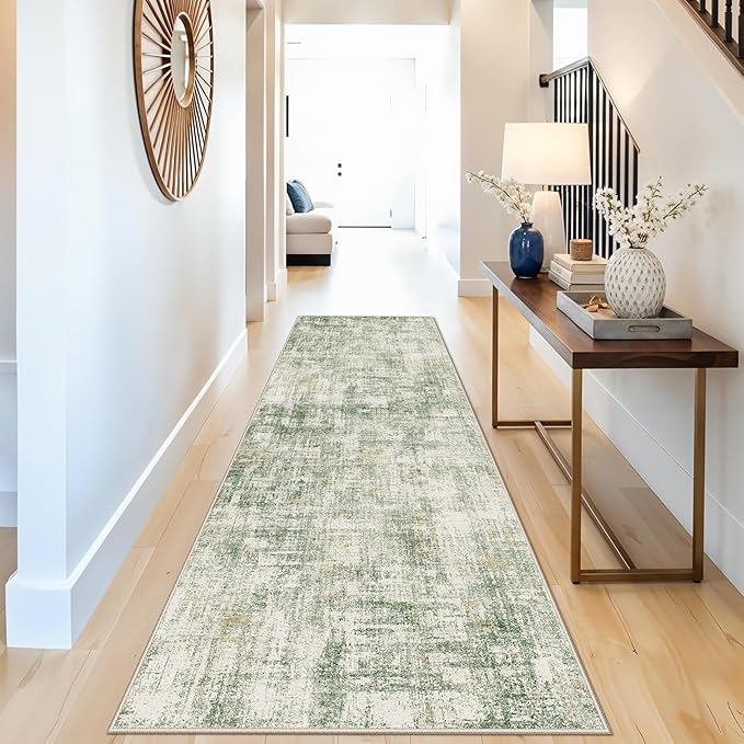 3x10 Ft Long Wide Hallway Runner Rug – Non-Slip Washable Wide Kitchen Runner, Low-Pile Thin Modern Abstract Floor Rug for Indoor Entryway, Bedroom, Living Room (Sage Green)