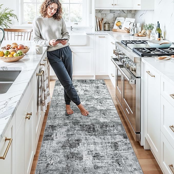 3x12 ft Long Hallway Runner Rug - Non-Slip Washable Kitchen Rug with Rubber Backing,Modern Abstract Neutral Thin Low Pile Floor Carpet Runner for Entryway,Bedroom,Living Room（Grey）