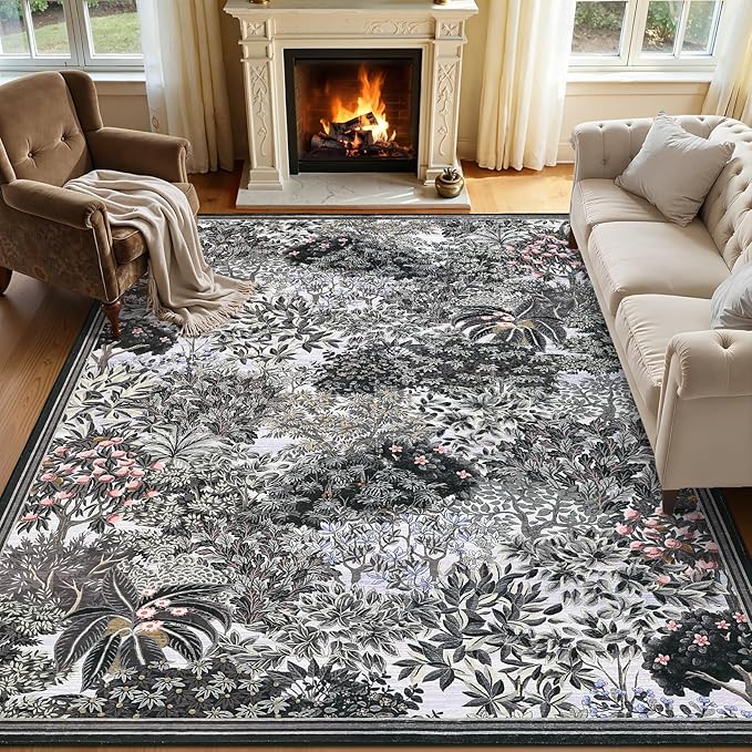 GarveeHome Forest Rugs 6x9, Blue Grey Washable Area Rugs for Living Room 6x9, Botanical Low Pile Non Slip Stain Resistance Woodland Rug for Farmhouse, Bedroom, Dining Room