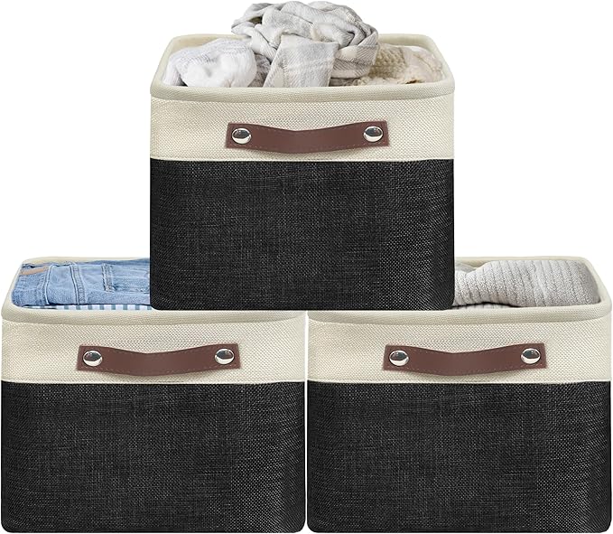 Simple Houseware Large Fabric Storage Bin, 15" x 11" with Leather Like Handles, 3 Pack, Black
