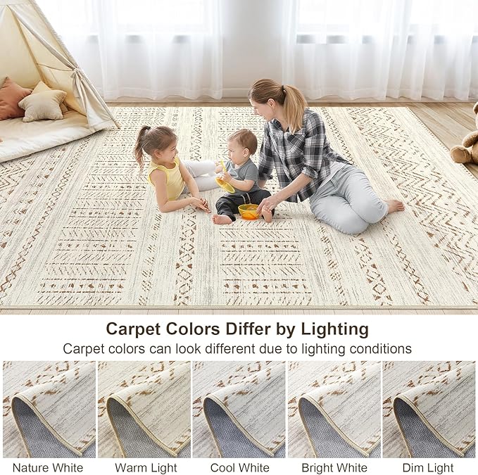 cotiled 8x10 Area Rug Living Room: Washable Boho Rugs with Non Slip Backing Large Soft Indoor Stain Resistant Carpet for Bedroom Farmhouse Dining Room Lightweight Home Decor Brown/Cream