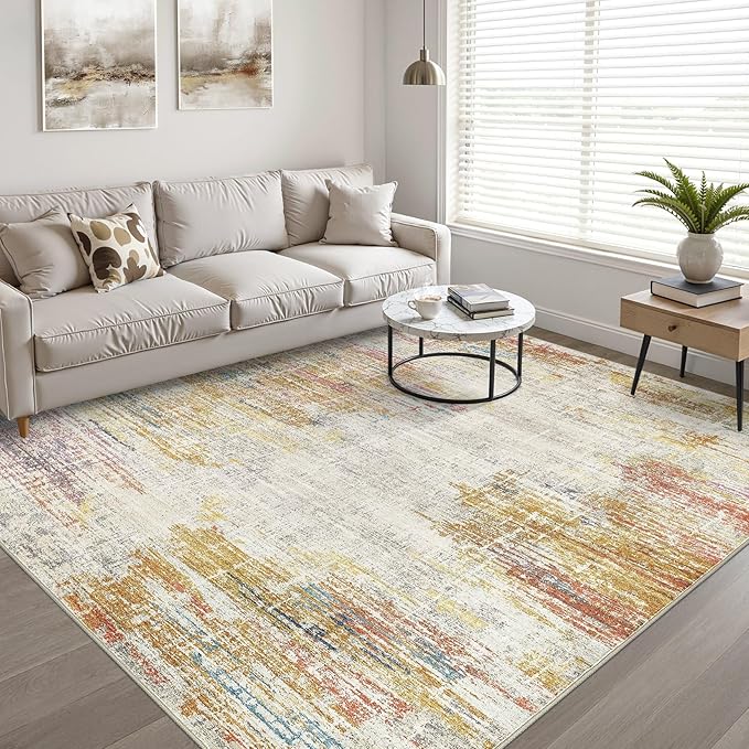 8x10 Area Rugs Living Room: Washable Large Neutral Rug Abstract Soft Modern Stain Resistant Indoor Floor Non-Slip Carpet for Bedroom Nursery Kids Classroom Playroom Dining Room Office- Gold Colorful