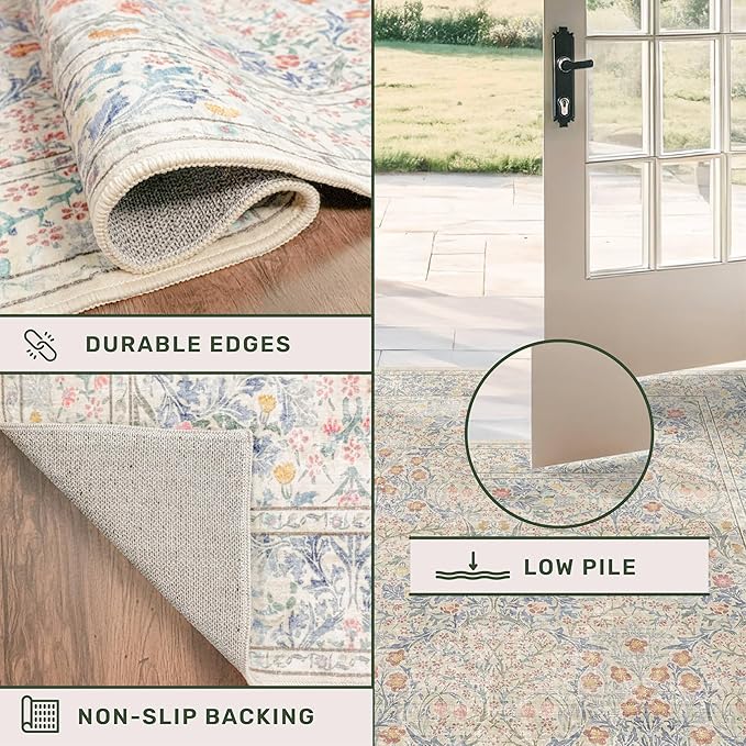 Hazo Haus Boho Beige Blue Living Room Rug 6x8 - Vintage Retro Floral Paste Neutral, Washable Low Pile Non-Slip Large Area Rugs for Dining Under Table, Bedroom