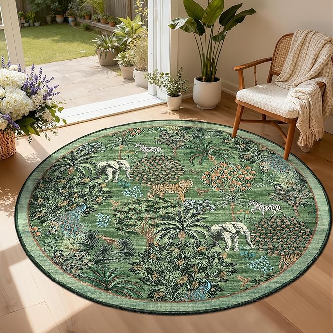 GarveeHome Jungle Round Washable Rugs 6ft Non-Slip Soft Round Rug for Kids Room, Animal Print Tiger Circle Carpet for Bedroom Entryway Playroom Nursery, Forest Green