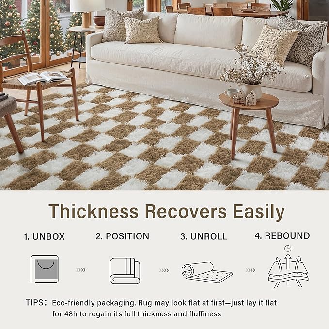 PureCozy Checkered Rug 6x9 for Living Room, Brown and White Modern Shag Rugs Super Soft Washable Indoor Office Fuzzy Carpet Non-Slip Fluffy Rugs for Bedroom Home Aesthetic Decor