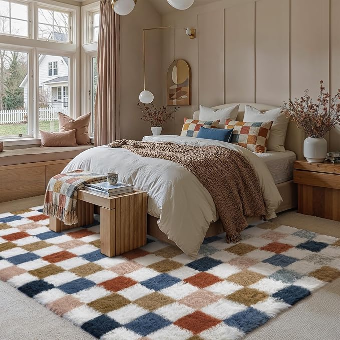PureCozy Checkered Rug 6x9 for Living Room, Modern Rainbown Shag Rug Washable Non-Slip Large Area Rug Super Soft Indoor Fuzzy Carpet Fluffy Rugs for Bedroom Home Aesthetic Decor